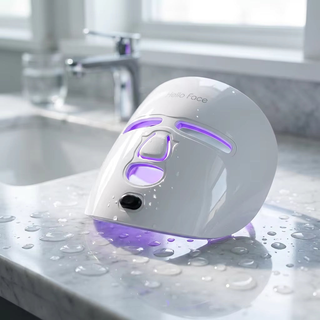 White electronic device with purple lights on a wet bathroom counter