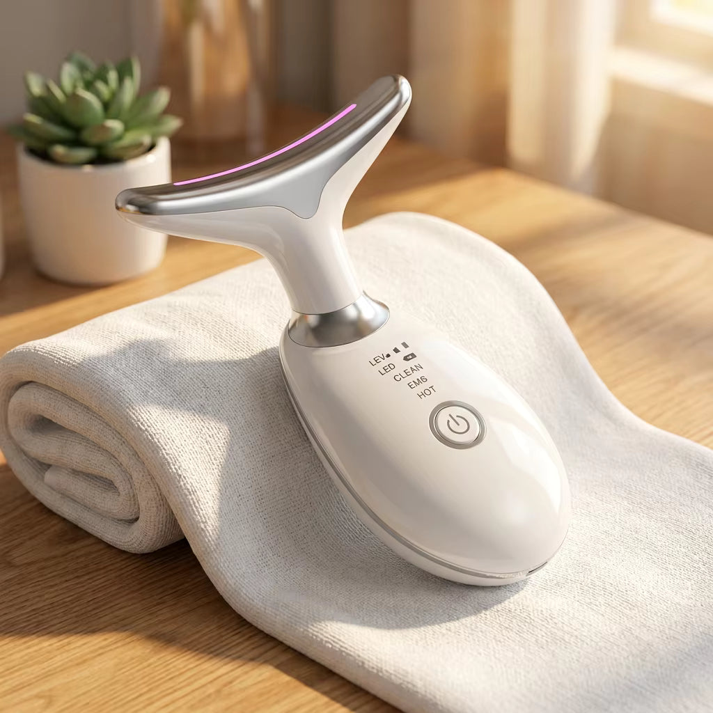 White electronic device with control buttons on a white towel on a wooden surface.